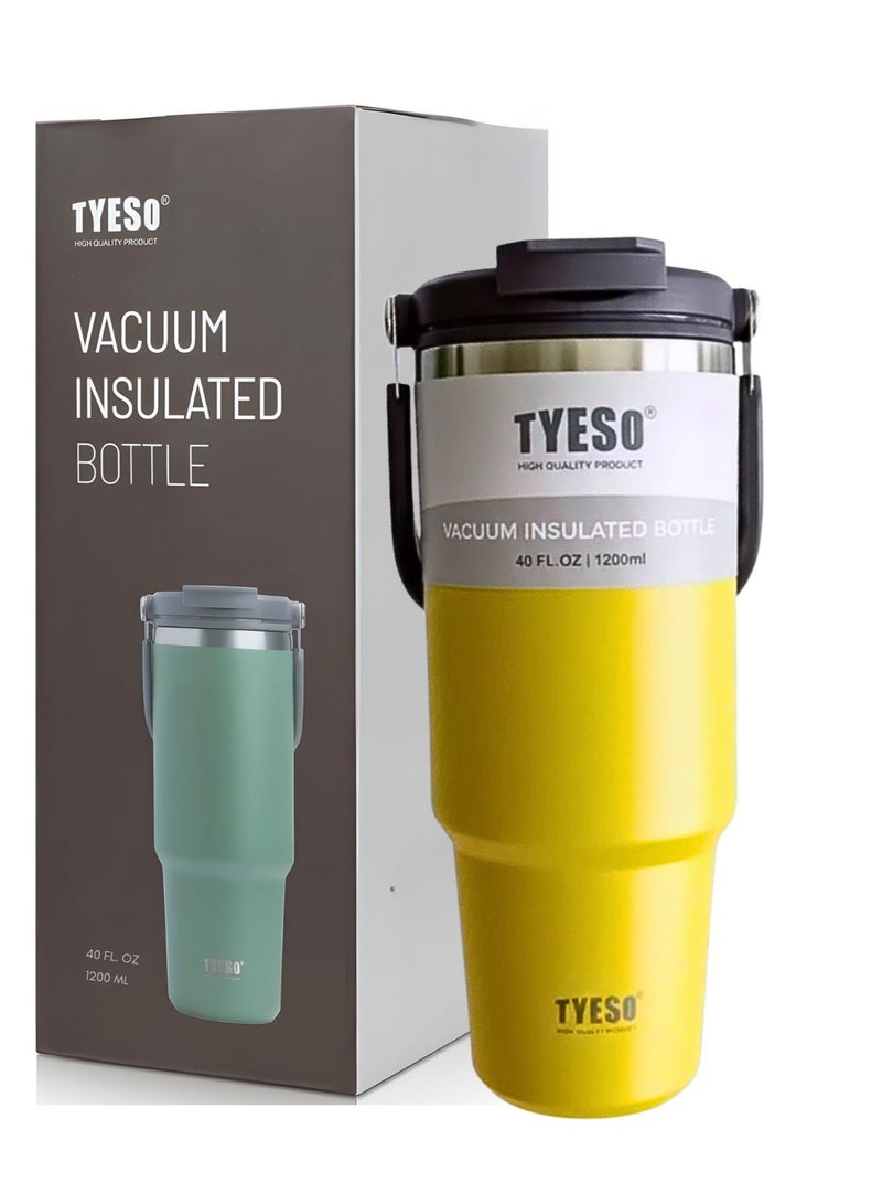 TYESO 1200ml Vacuum Insulated Tumbler 40oz Stainless Steel Travel Mug with Handle & Lid – Double Wall Thermal Water Bottle for Hot & Cold Drinks, Leakproof Large Capacity Cup – Yellow - Image 1